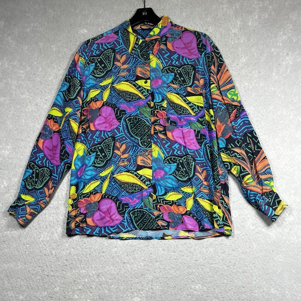 VTG Valentine Button Down Blouse Size Large 100% Silk Multicolor Floral Print